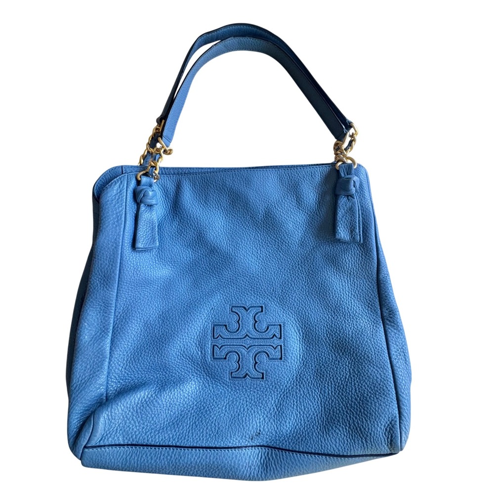 $450 TORY BURCH Harper Blue Leather‎ Satchel Designer Handbag Shoulder Purse EUC